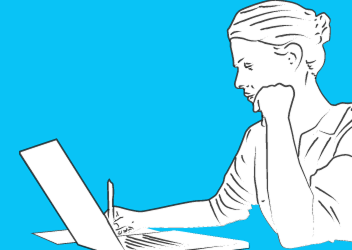 Illustration of a woman writing on a laptop with a pen, against a blue background.