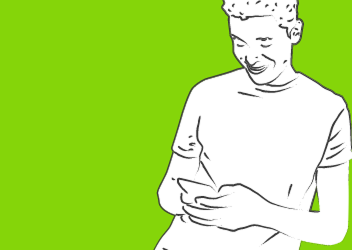 Illustration of a person smiling while looking at a phone against a bright green background.
