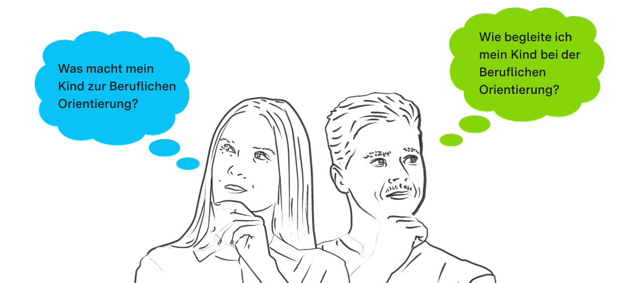 Illustration einer Frau und eines Mannes mit Gedankenblasen auf Deutsch über die Berufsberatung für ihr Kind.