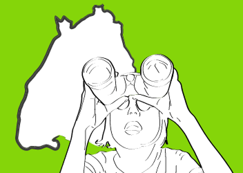 Illustration of a person looking through binoculars with a green background and an outline of a map behind them.