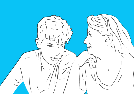 Illustration of two people sitting and talking against a bright blue background. The person on the left has curly hair, and the person on the right has long hair.
